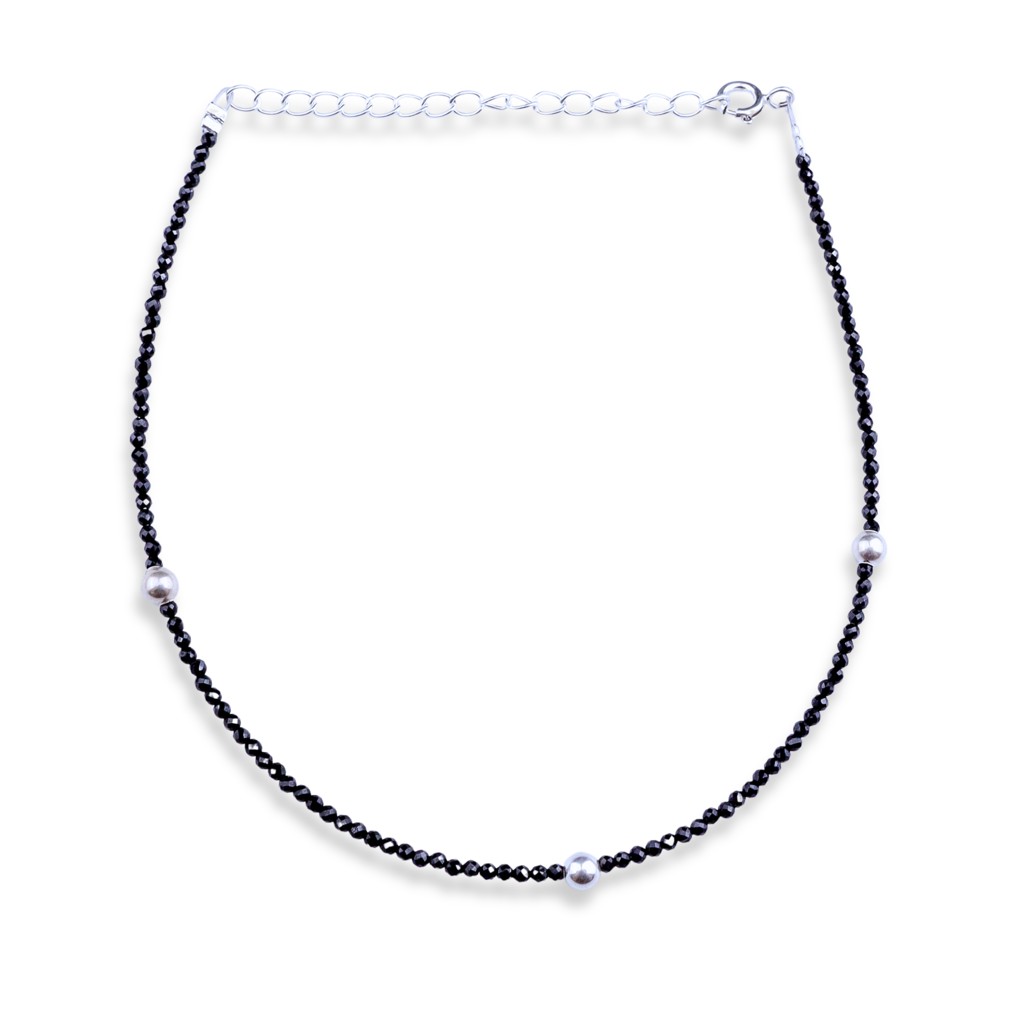 Black Spinel Anklet with Silver Beads