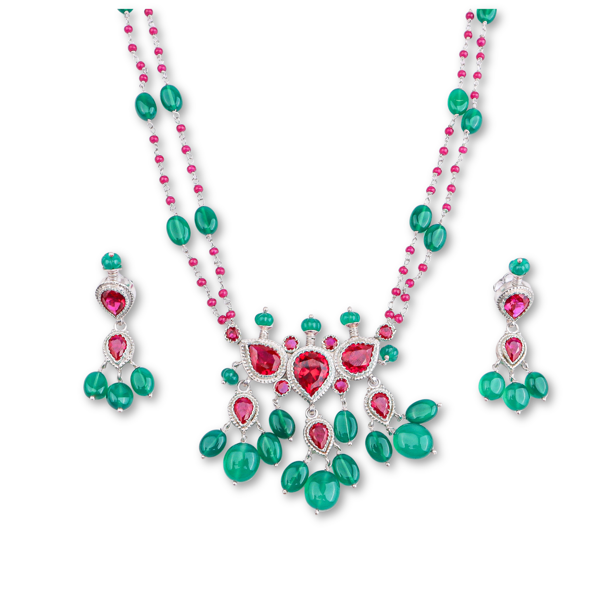 Silver Pink CZ Tanmani Set with Green Onyx & Rubies