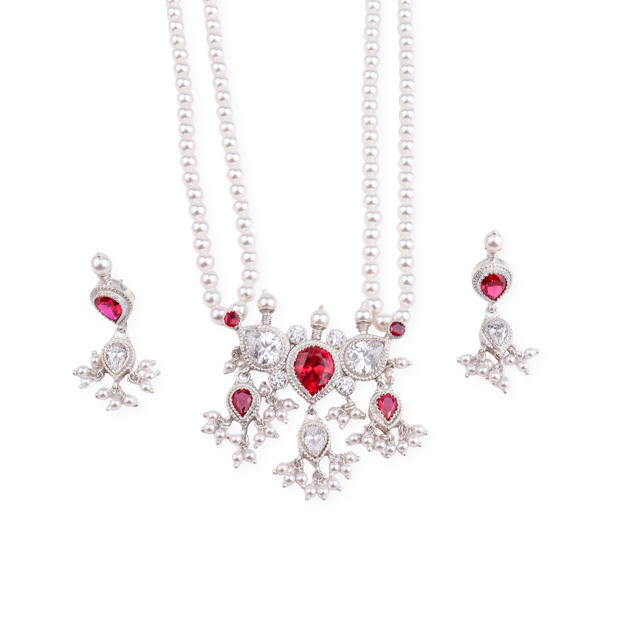 Silver Pink & White CZ Tanmani Set with Pearls