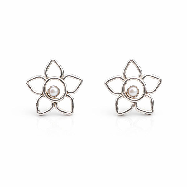 Silver flower pearl earrings with floral design and pearl center
