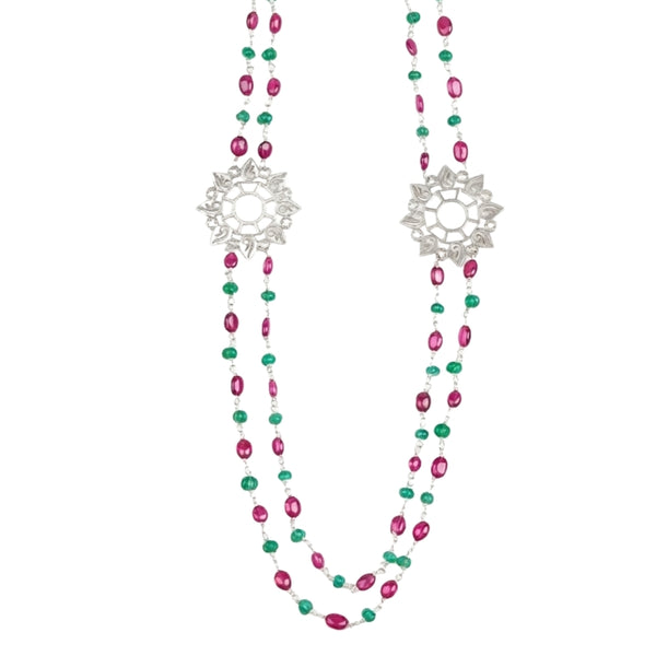 Filigree Pendant, Green Onyx, and Rubies Double Layer Necklace
