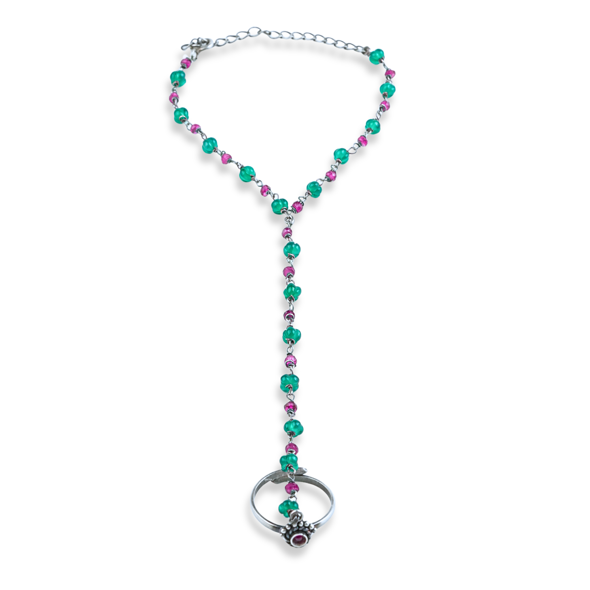Chandrika, Ruby & Green Onyx Ganthan Haath Phool | 92.5 Sterling Silver