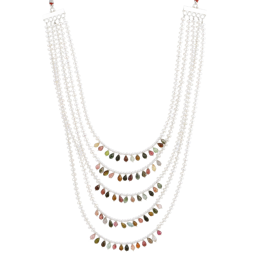 Luxe necklace with tourmaline and freshwater pearls in 92.5 sterling silver