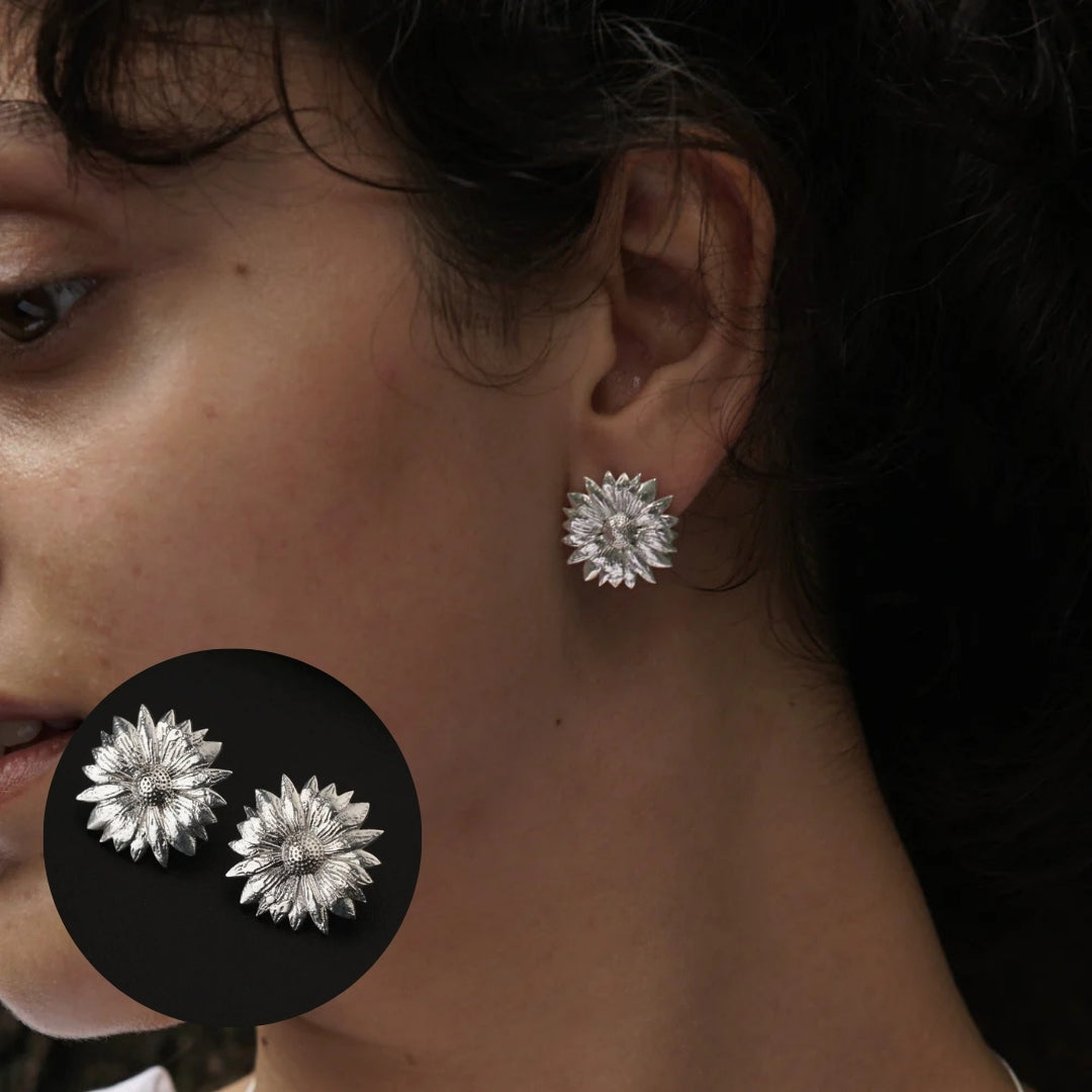 Silver Sunflower Earring on model