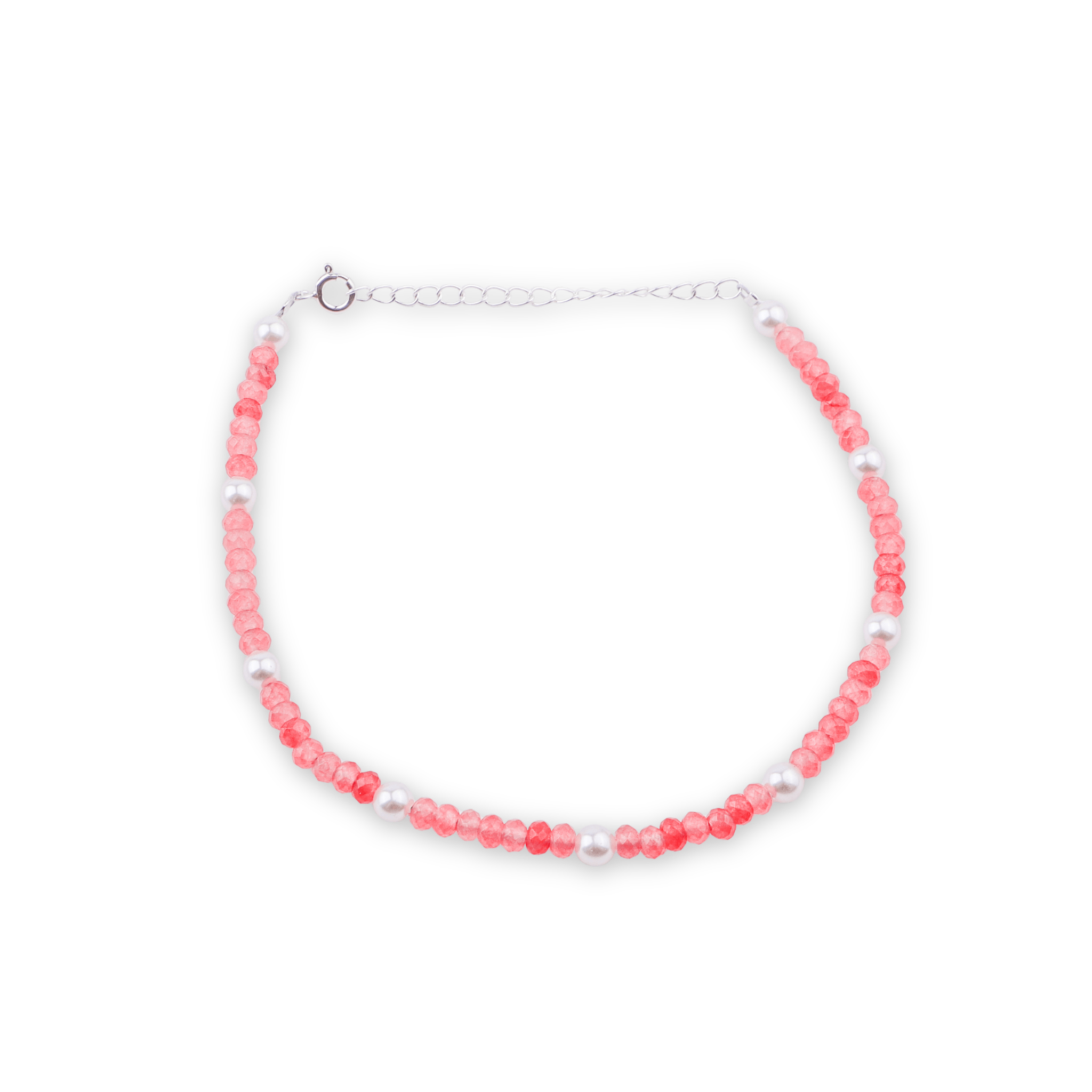 Pink beaded anklet with white pearls and silver chain
