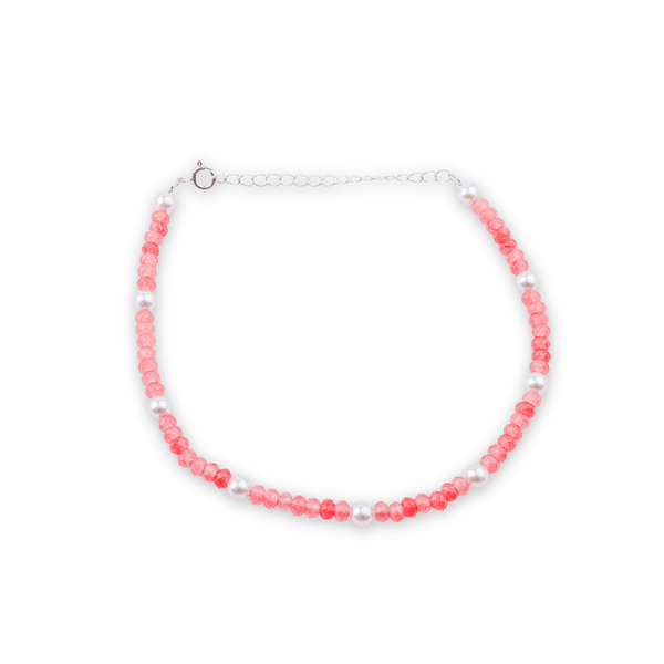 Pink beaded anklet with white pearls and silver chain
