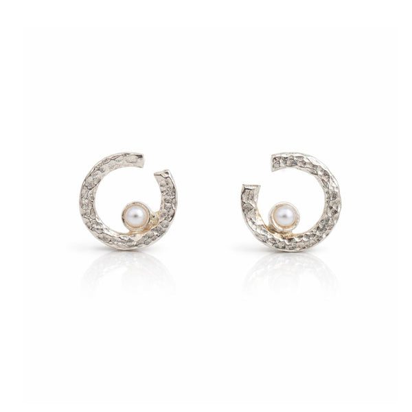 Silver semi-circle pearl earrings with textured design
