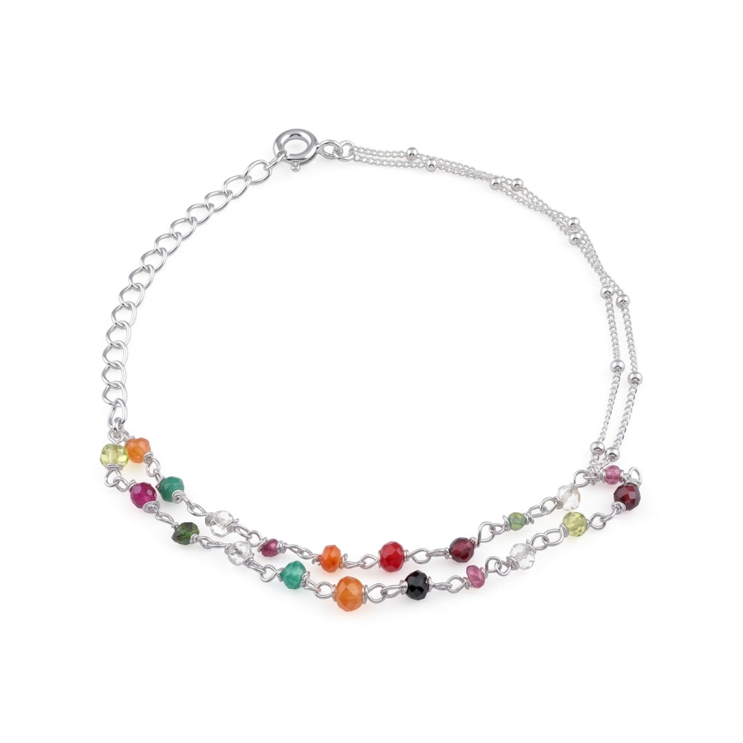 Multicolor Stone Silver Chain Bracelet (Project Handmade)