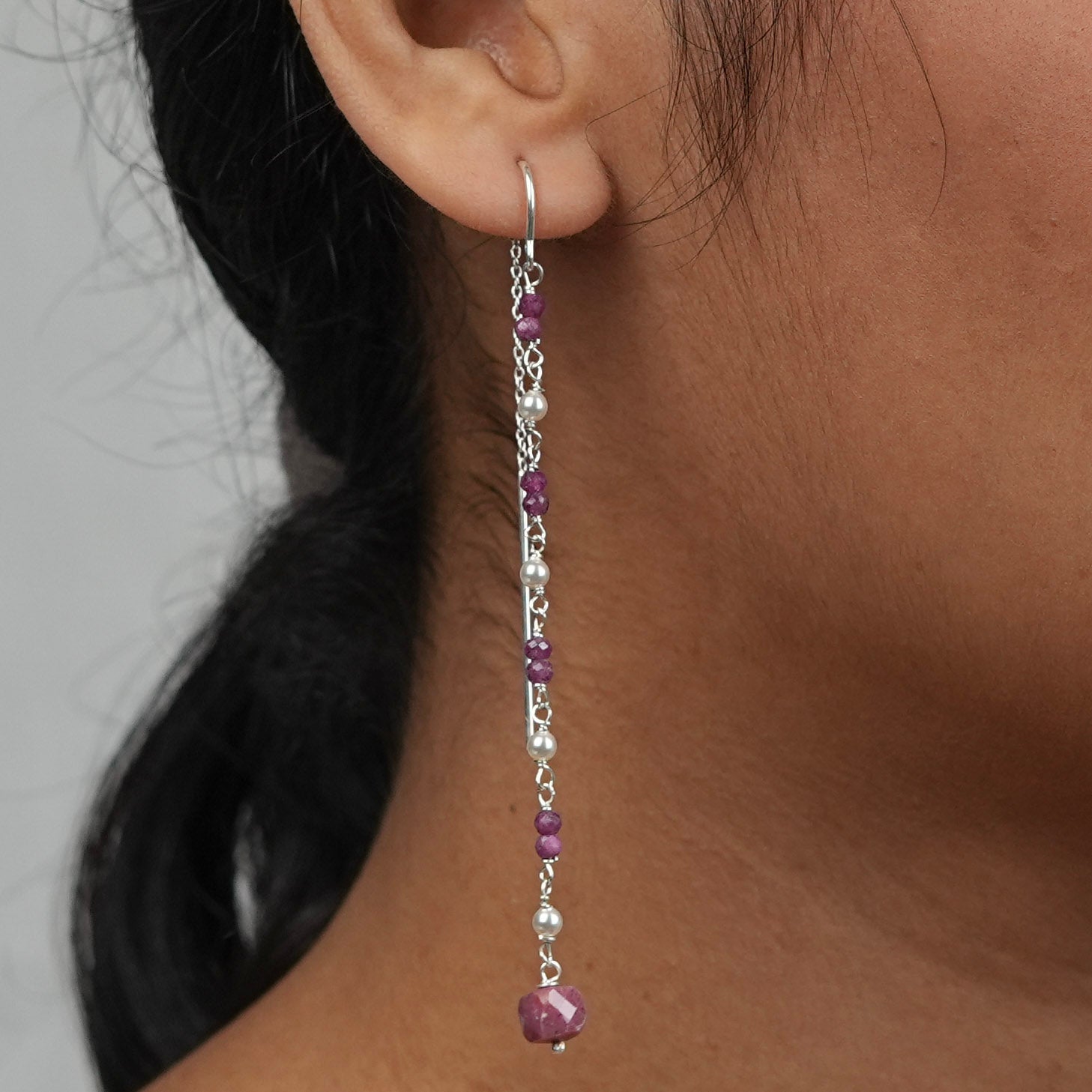 Ruby, Pink Opal, & Pearl Ganthan Sui Dhaga Earrings (Project Handmade)