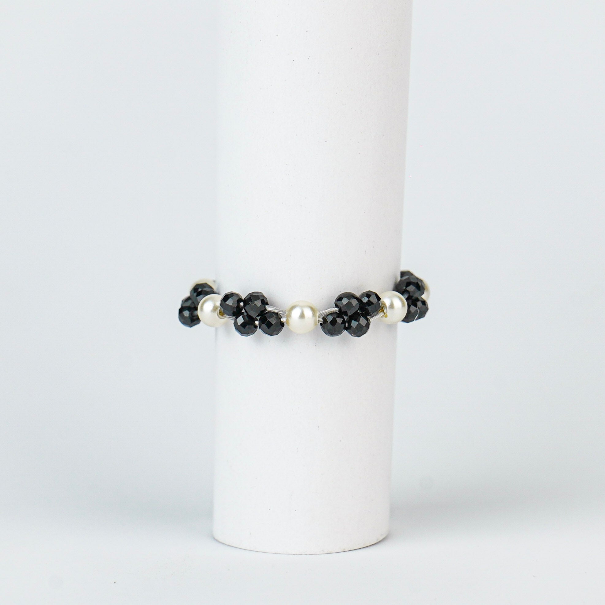 Silver Pearl Ring with Black Spinel