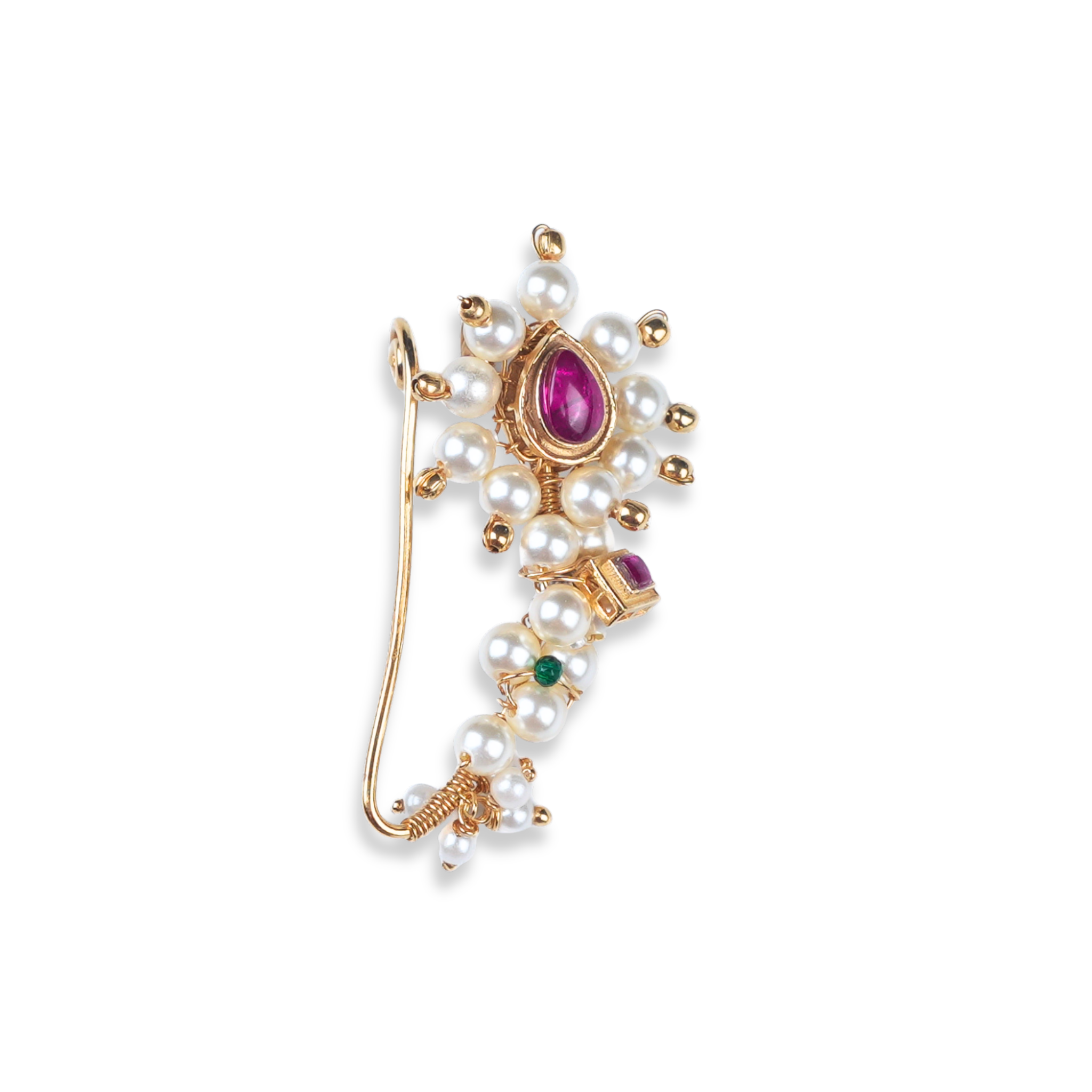 Silver Handmade Maharashtrian Pink Drop Pearl Nath (Left, Clip-On) | 22K Gold-Plated