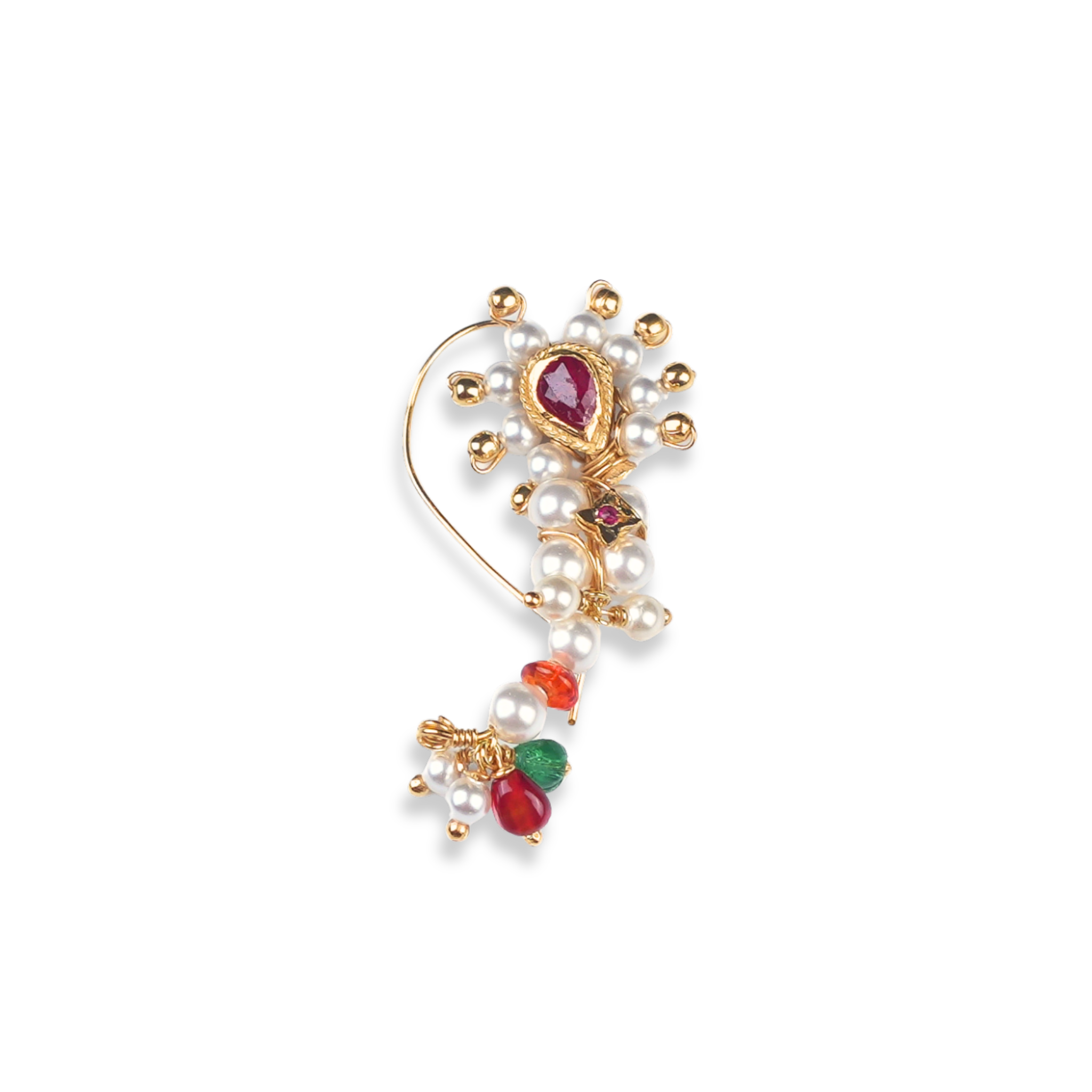 Silver Handmade Maharashtrian Pearl Nath (Left, Pierced) | 22K Gold-Plated