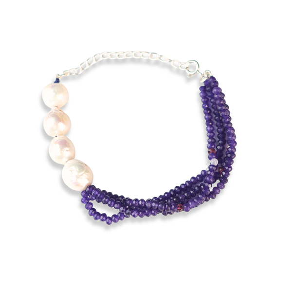 Purple Jade & Baroque Pearl Silver Bracelet (Project Handmade)