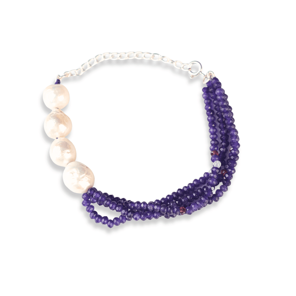 Purple Jade & Baroque Pearl Silver Bracelet (Project Handmade): front view in 92.5 sterling silver