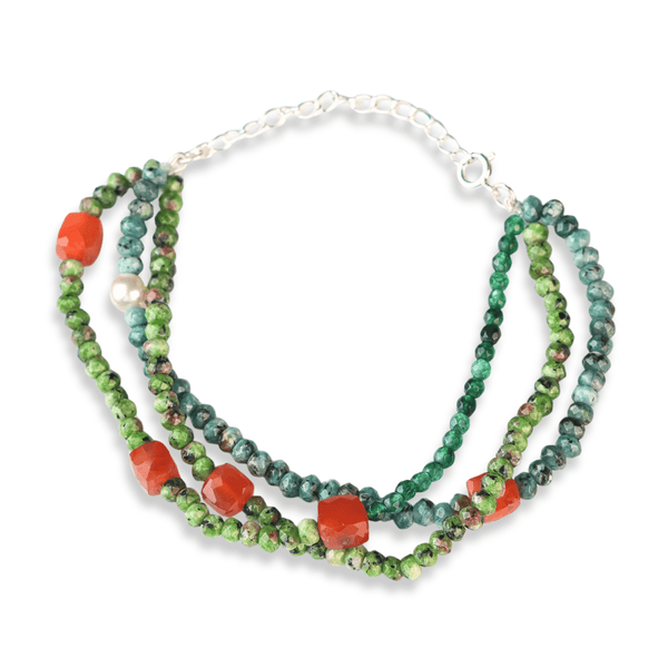 Carnelian, Green Onyx, Green Jade & Blue Jade Silver Bracelet (Project Handmade) front view in 92.5 sterling silver