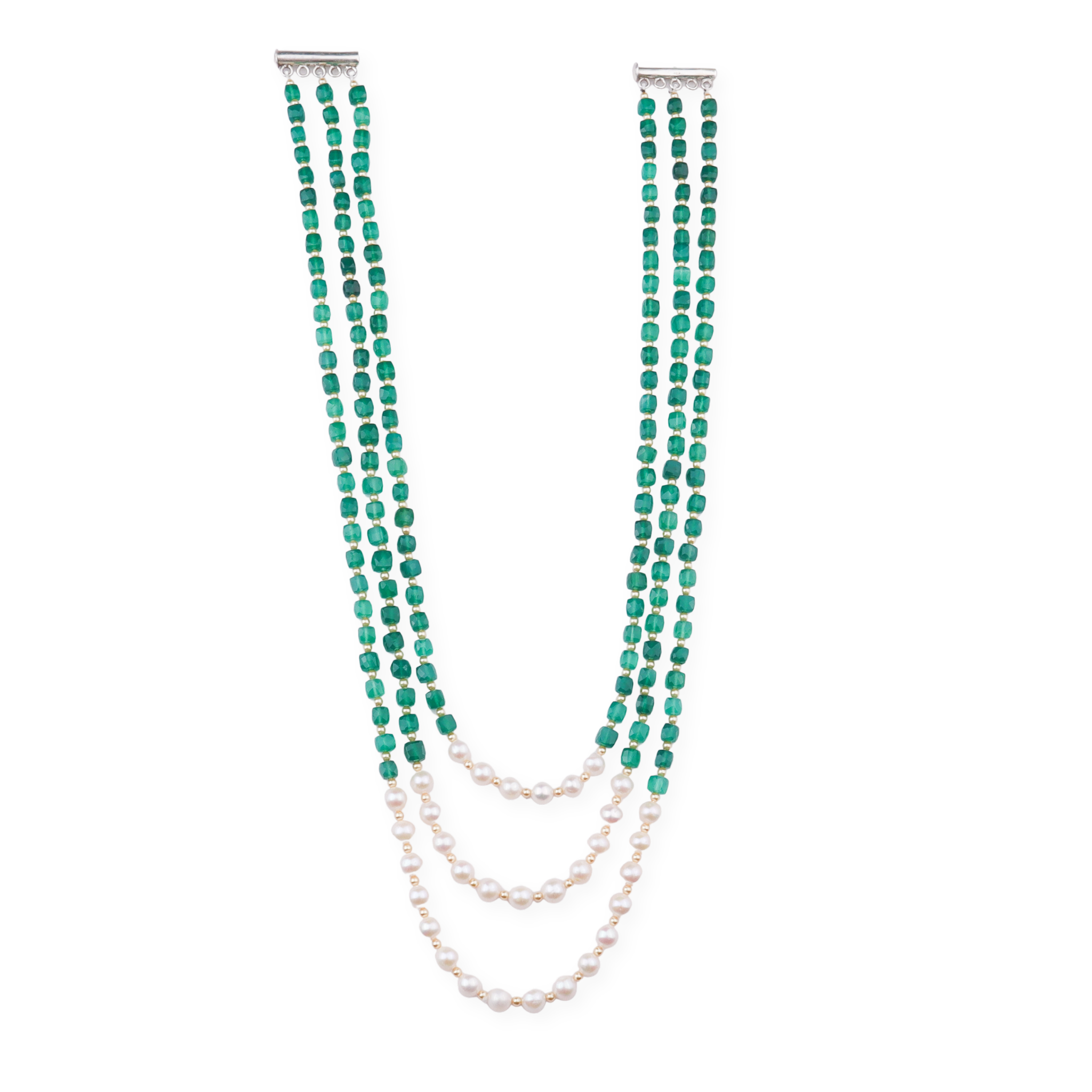 Luxe Necklace - Green Onyx, Fresh Water & Golden Pearls