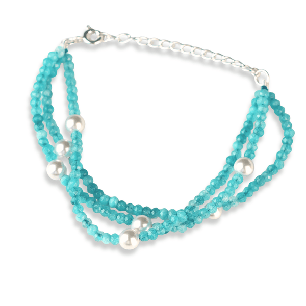Blue Jade & Pearl Silver Bracelet (Project Handmade) front view in 92.5 sterling silver