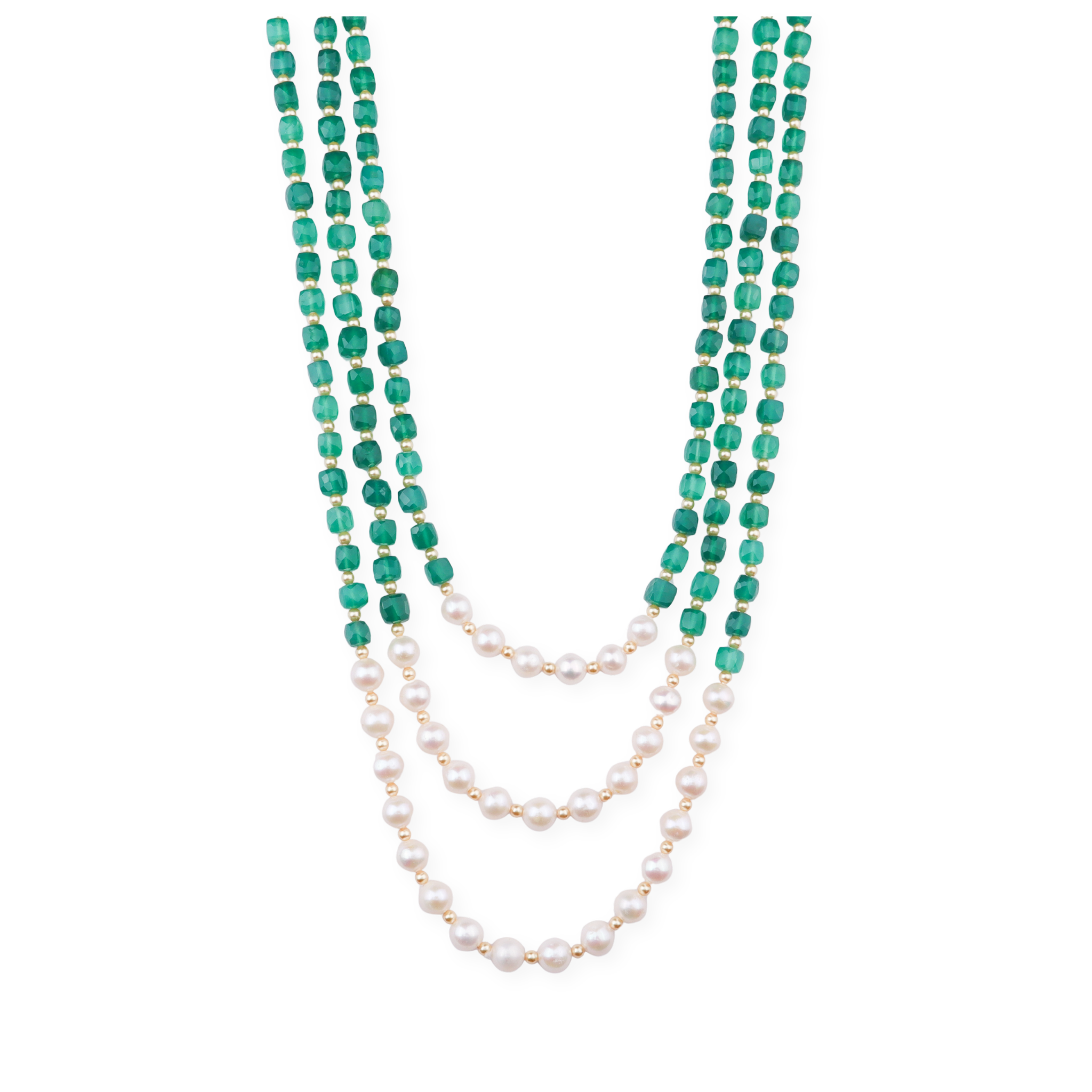 Luxe Necklace - Green Onyx, Fresh Water & Golden Pearls