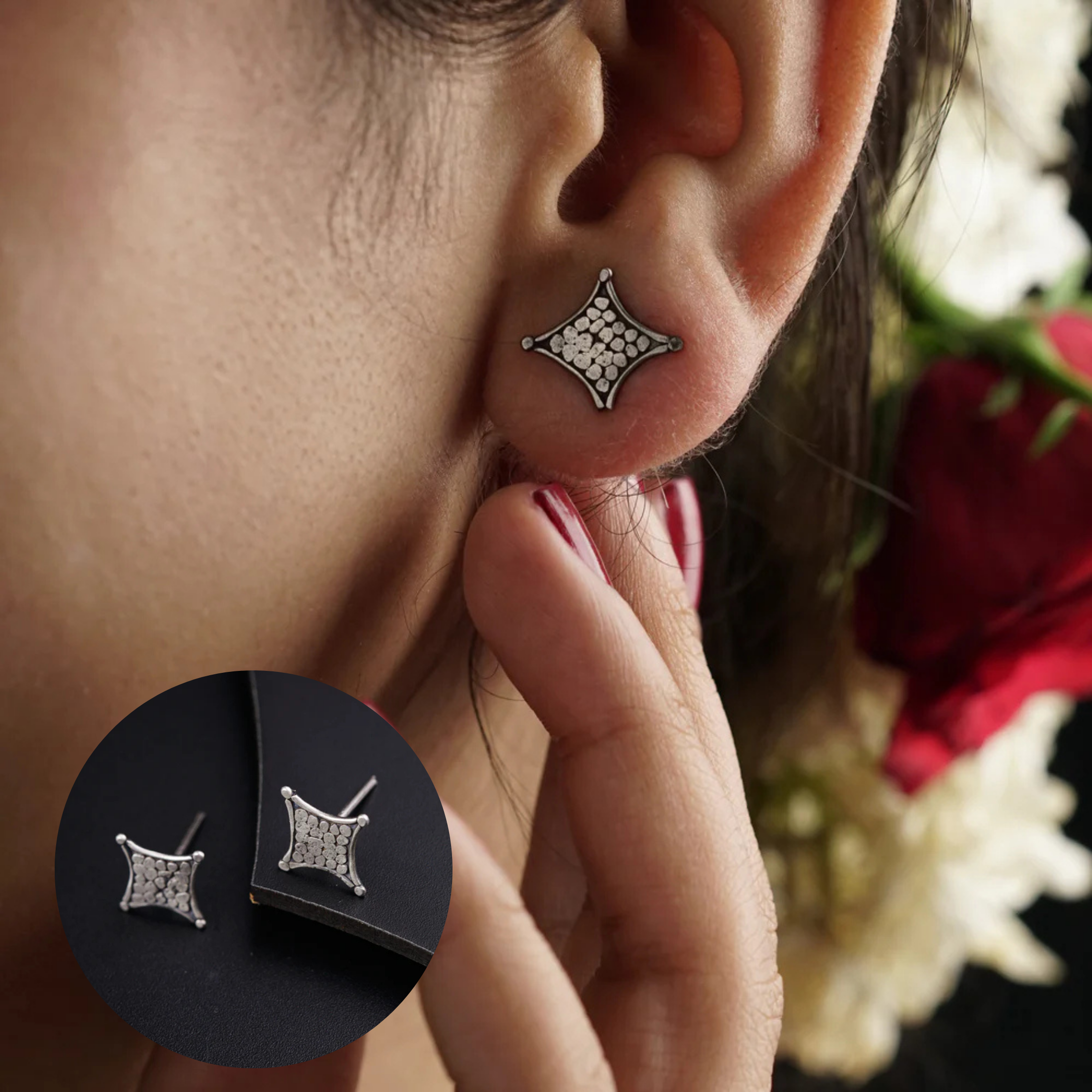 Hammered texture silver diamond stud earrings close-up