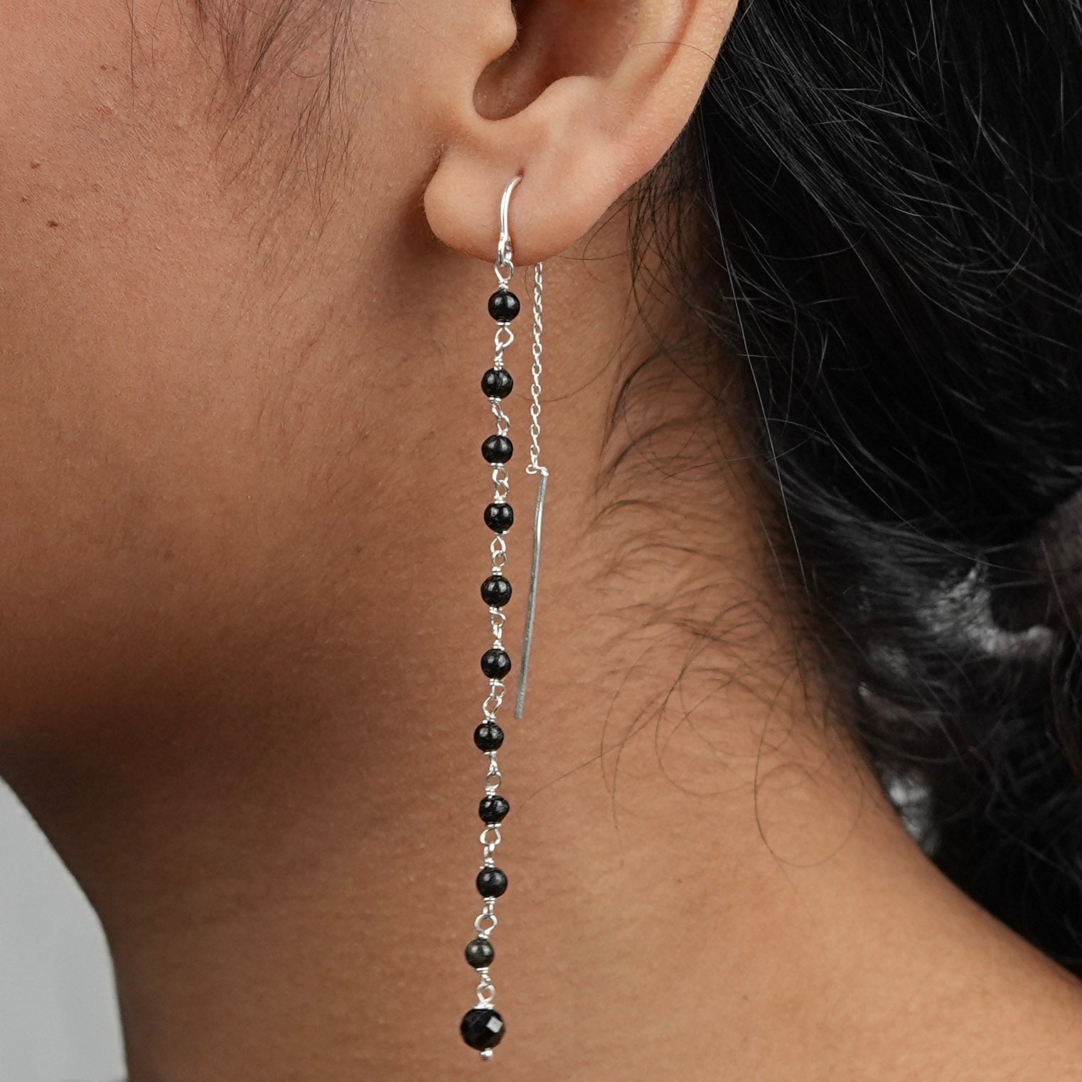 Black Tourmaline Ganthan Sui Dhaga Earrings (Project Handmade)