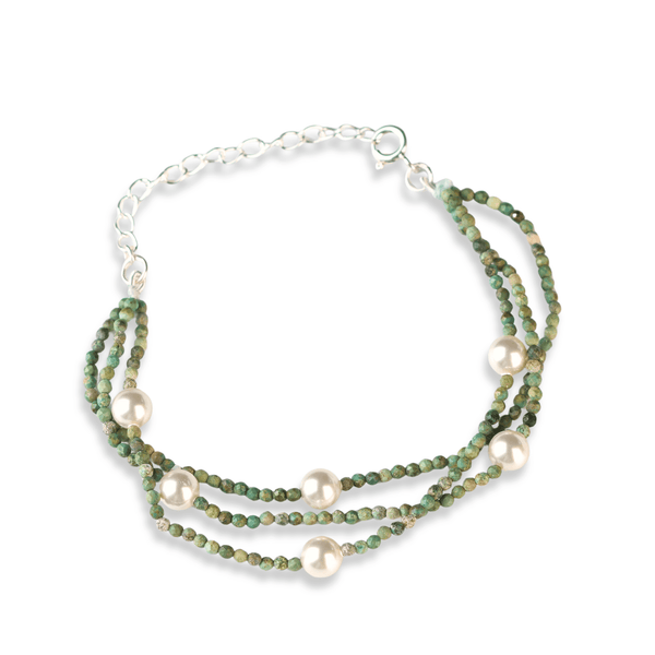 Micro Firoza & Pearl Silver Bracelet (Project Handmade) front view in 92.5 sterling silver