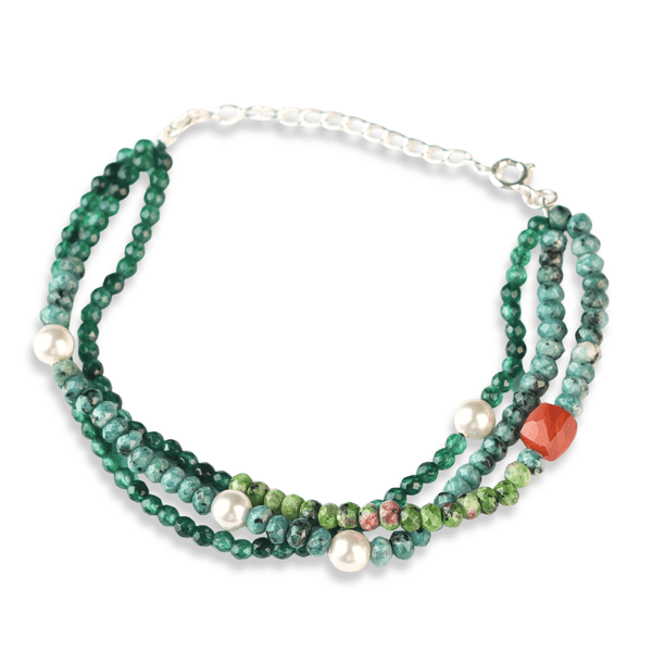 Green Onyx, Pearl, Carnelian Cube, Green & Blue Jade Silver Bracelet (Project Handmade) front view in 92.5 sterling silver