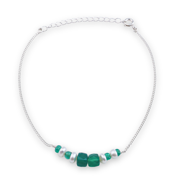 Green Onyx & Pearl Silver Anklet (Project Handmade)