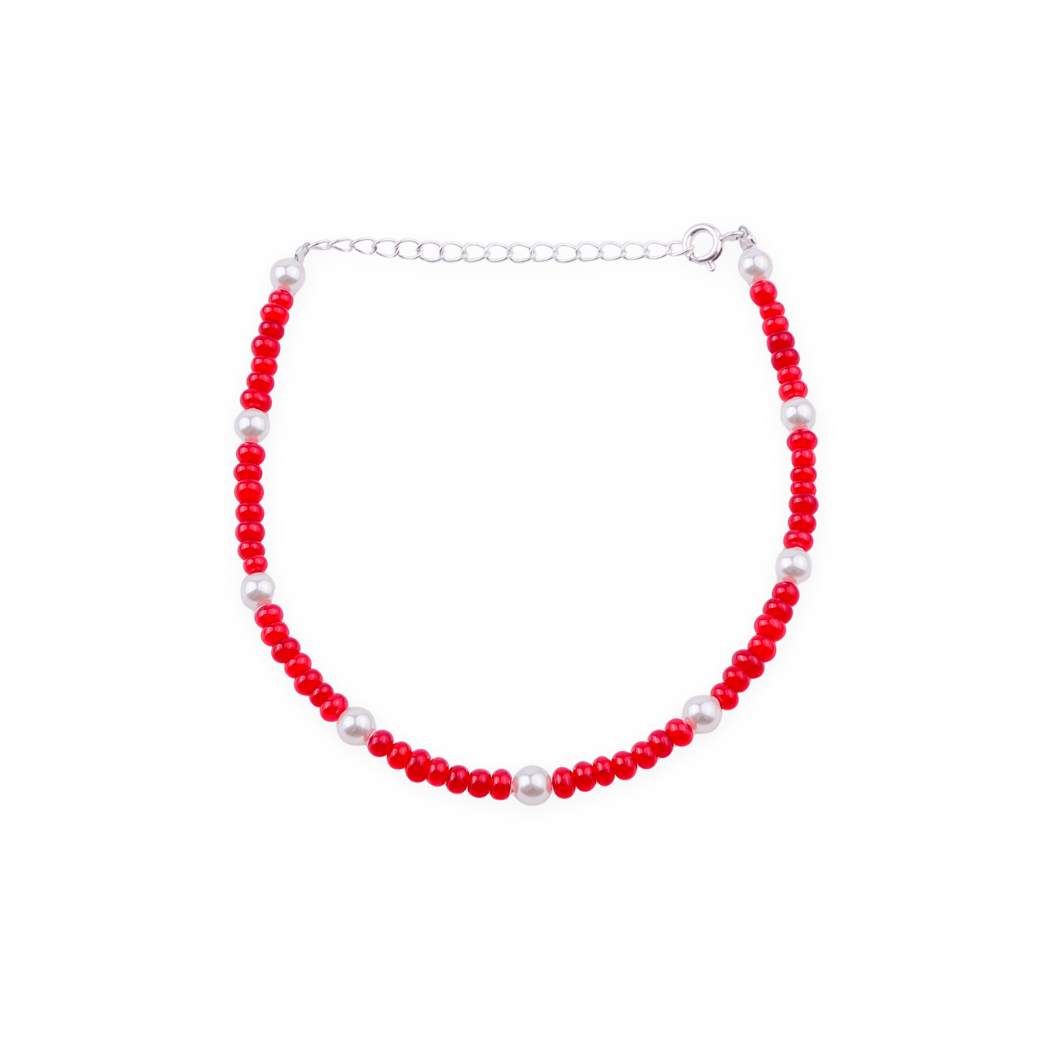 Red and white beaded anklet with silver beads