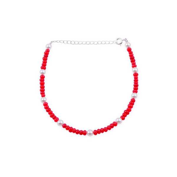 Red and white beaded anklet with silver beads