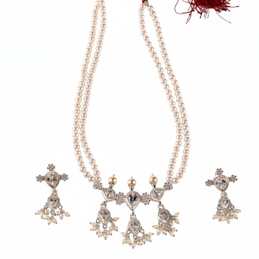 Silver CZ Kudi Tanmani Set with Pearls (3 Leaf)