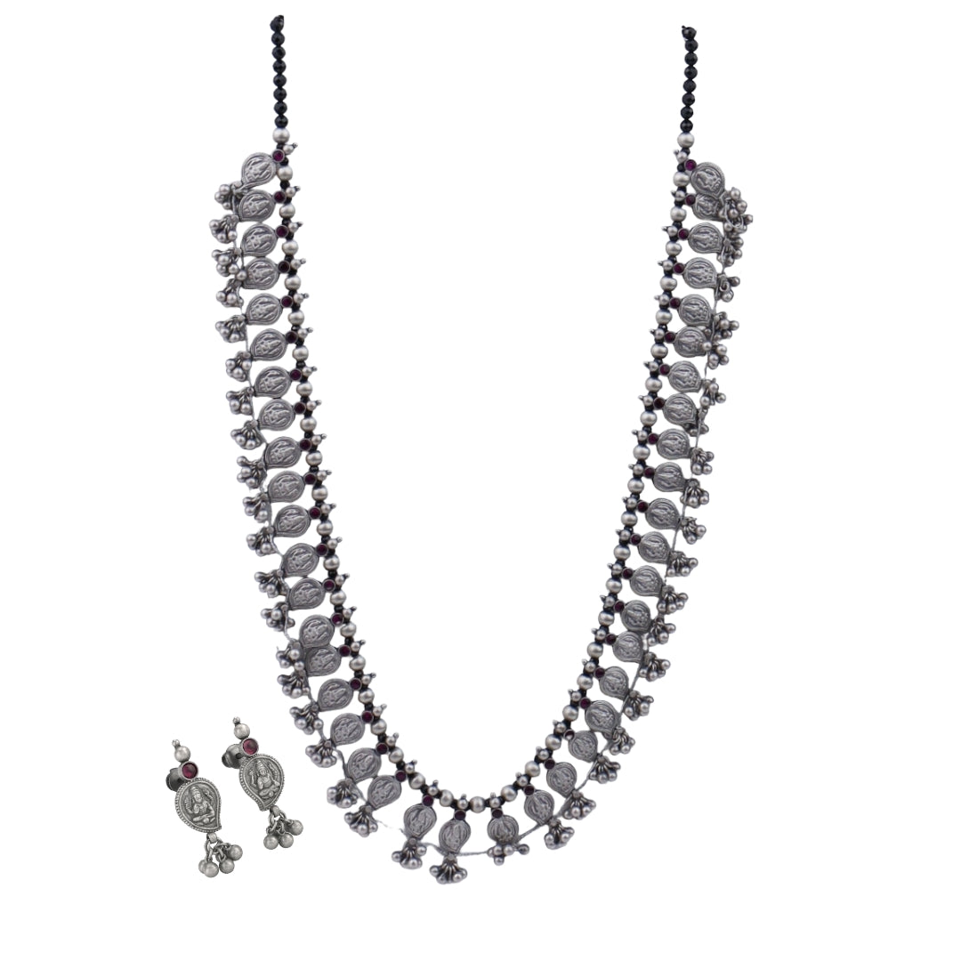 Oxidised silver necklace with traditional coin motifs and black beads