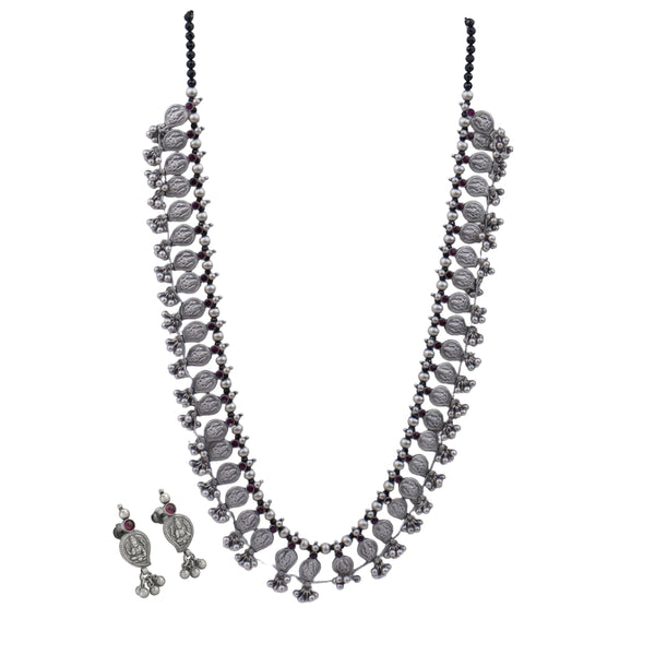 Oxidised silver necklace with traditional coin motifs and black beads