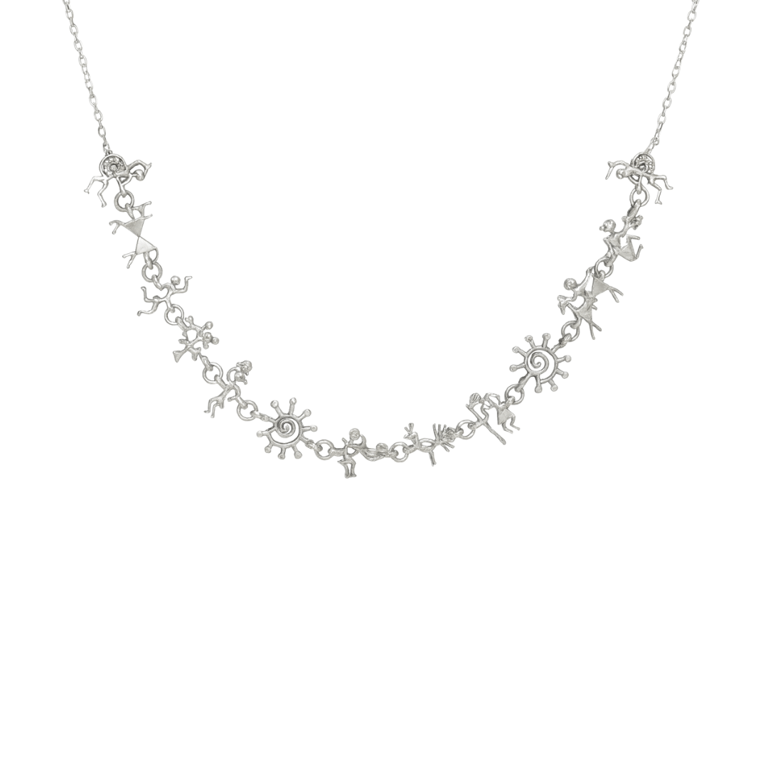 Silver Warli motif necklace with handcrafted tribal designs