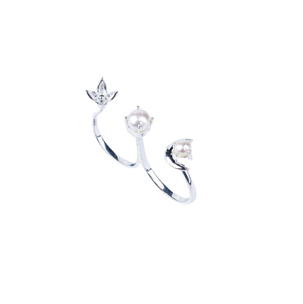 Front view of Pearl Moonflower two-finger ring in 92.5 sterling silver with floral motif and luminous pearl accents
