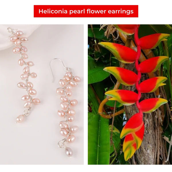 Close-up of Heliconia Pearl Flower Earrings highlighting handcrafted petals and luminous pearl detailing