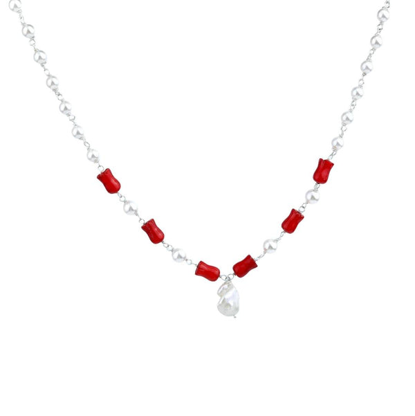 Front view of Pearl Ganthan Necklace with Semiprecious Stones in 92.5 sterling silver featuring lustrous pearls and colorful stones
