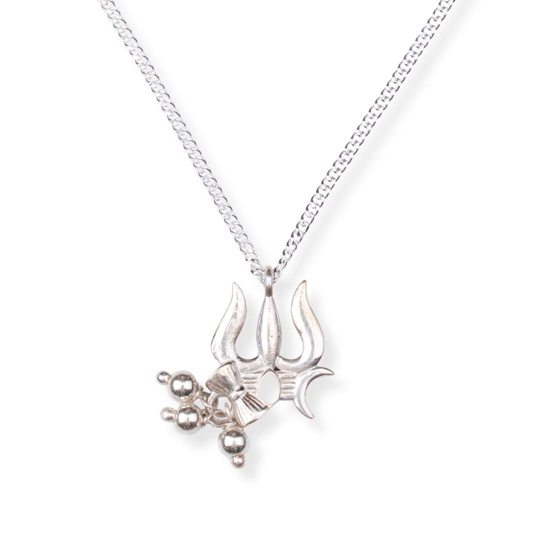Silver Trishul, Damru And Crescent Moon Pendant Necklace