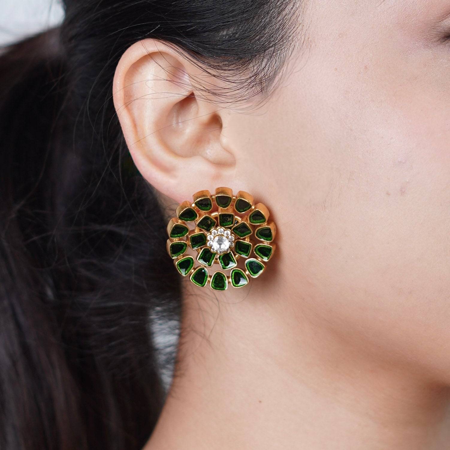 Model wearing Brass Fashion Earrings for a stylish and contemporary fashion jewellery look