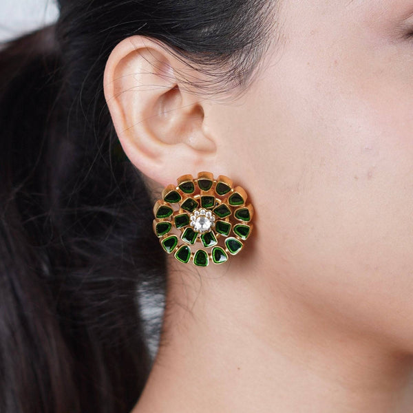 Model wearing Brass Fashion Earrings for a stylish and contemporary fashion jewellery look