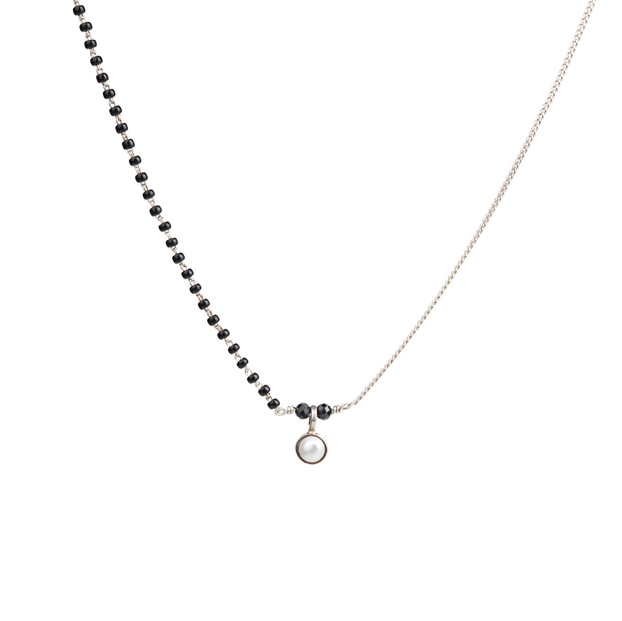 Silver mangalsutra with black beads and pearl pendant