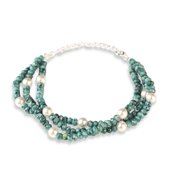 Blue Jade & Pearl Silver Bracelet (Project Handmade) front view in 92.5 sterling silver