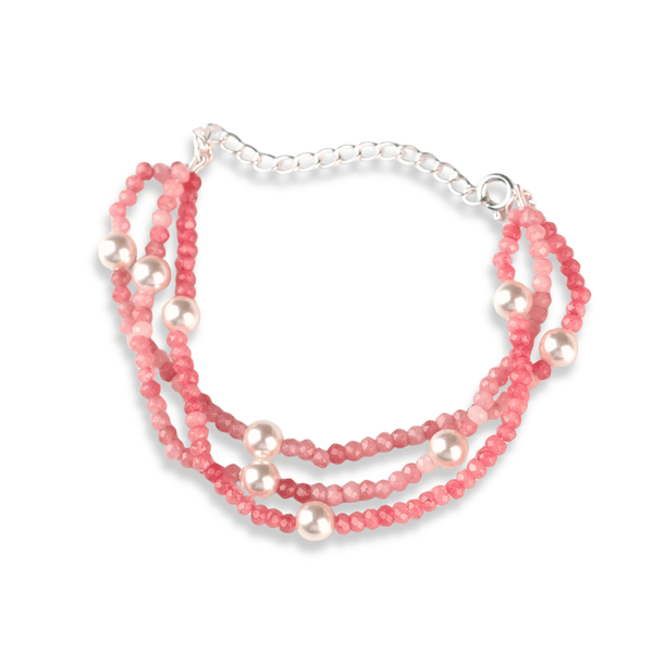 Pink Jade & Pearl Silver Bracelet (Project Handmade) front view in 92.5 sterling silver