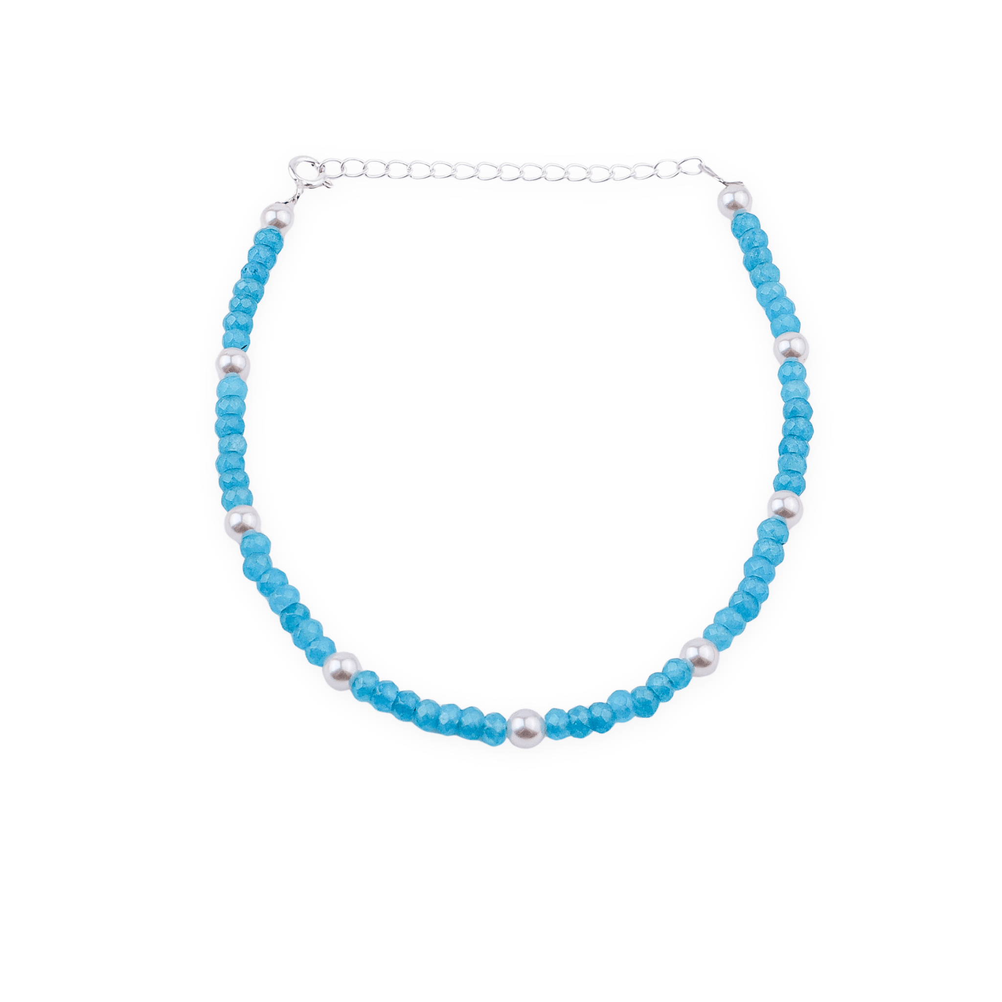 Blue beaded anklet with pearls and silver chain