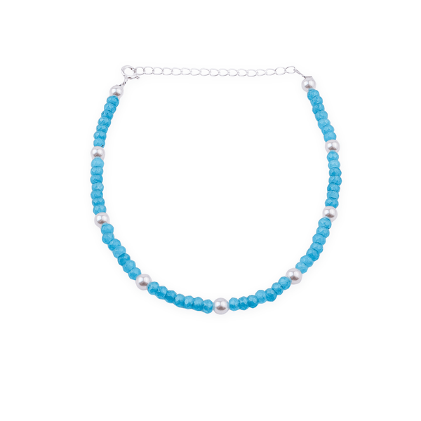 Blue beaded anklet with pearls and silver chain
