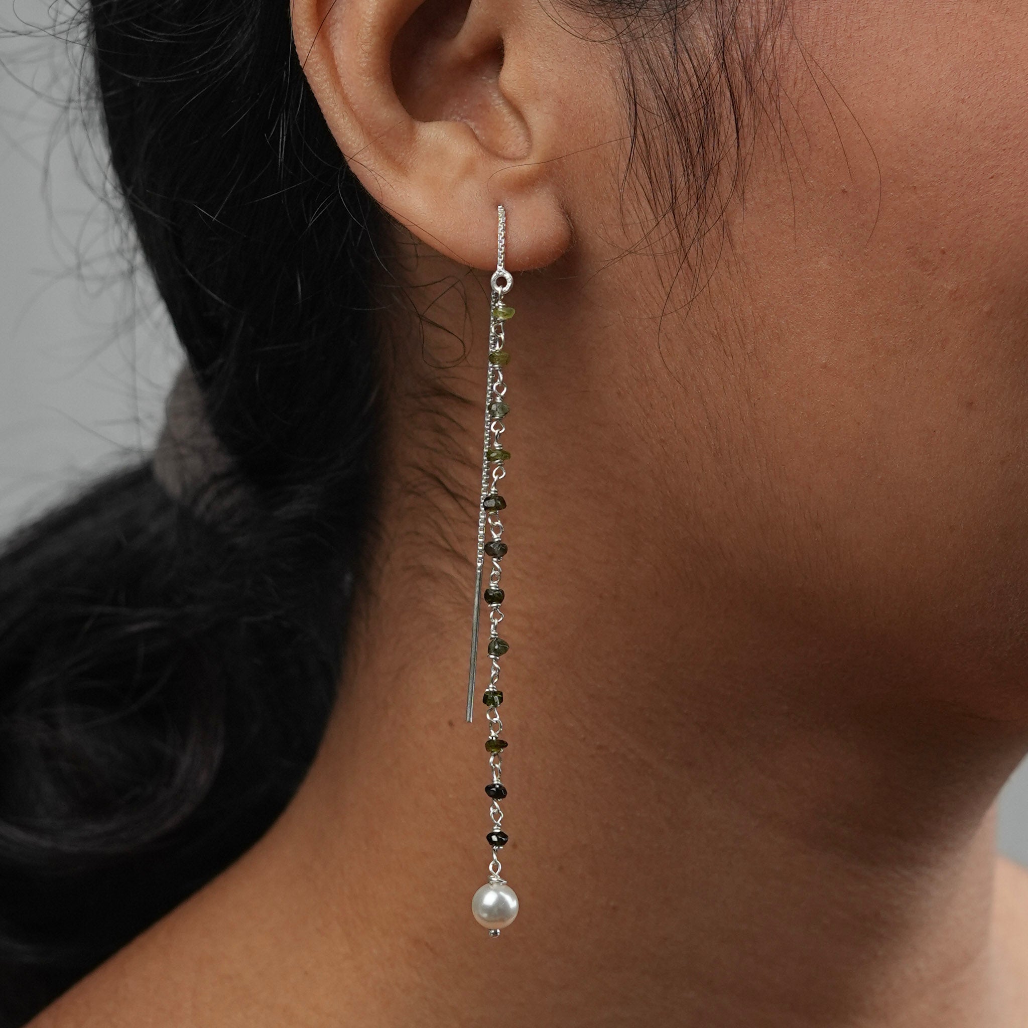 Green Tourmaline & Pearl Ganthan Sui Dhaga Earrings (Project Handmade)