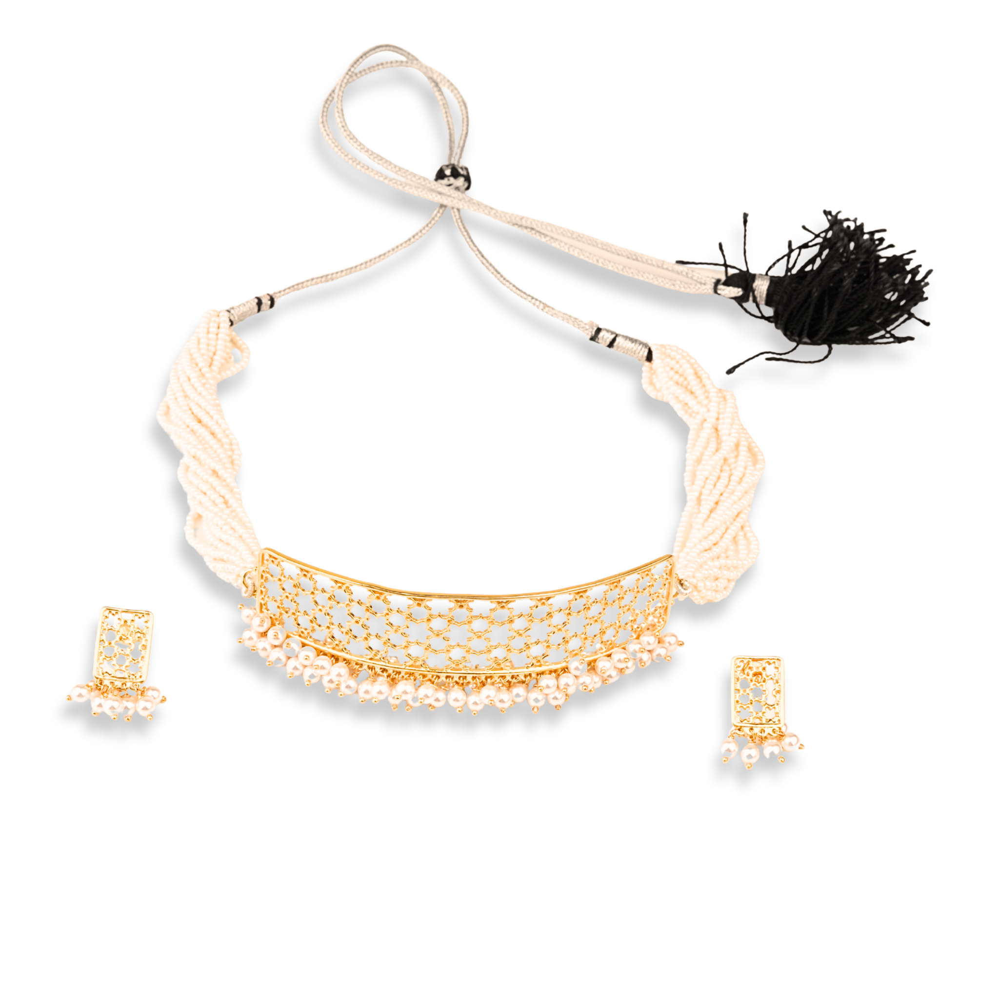 Silver Filigree Choker Set with Pearls | 22K Gold-Plated