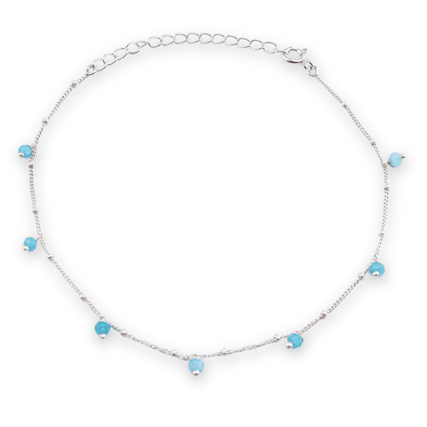Blue Jade silver anklet with delicate chain and small blue beads