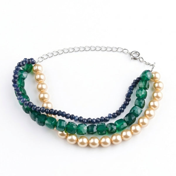 Green Onyx, Blue Jade & Pearl Silver Bracelet (Project Handmade)