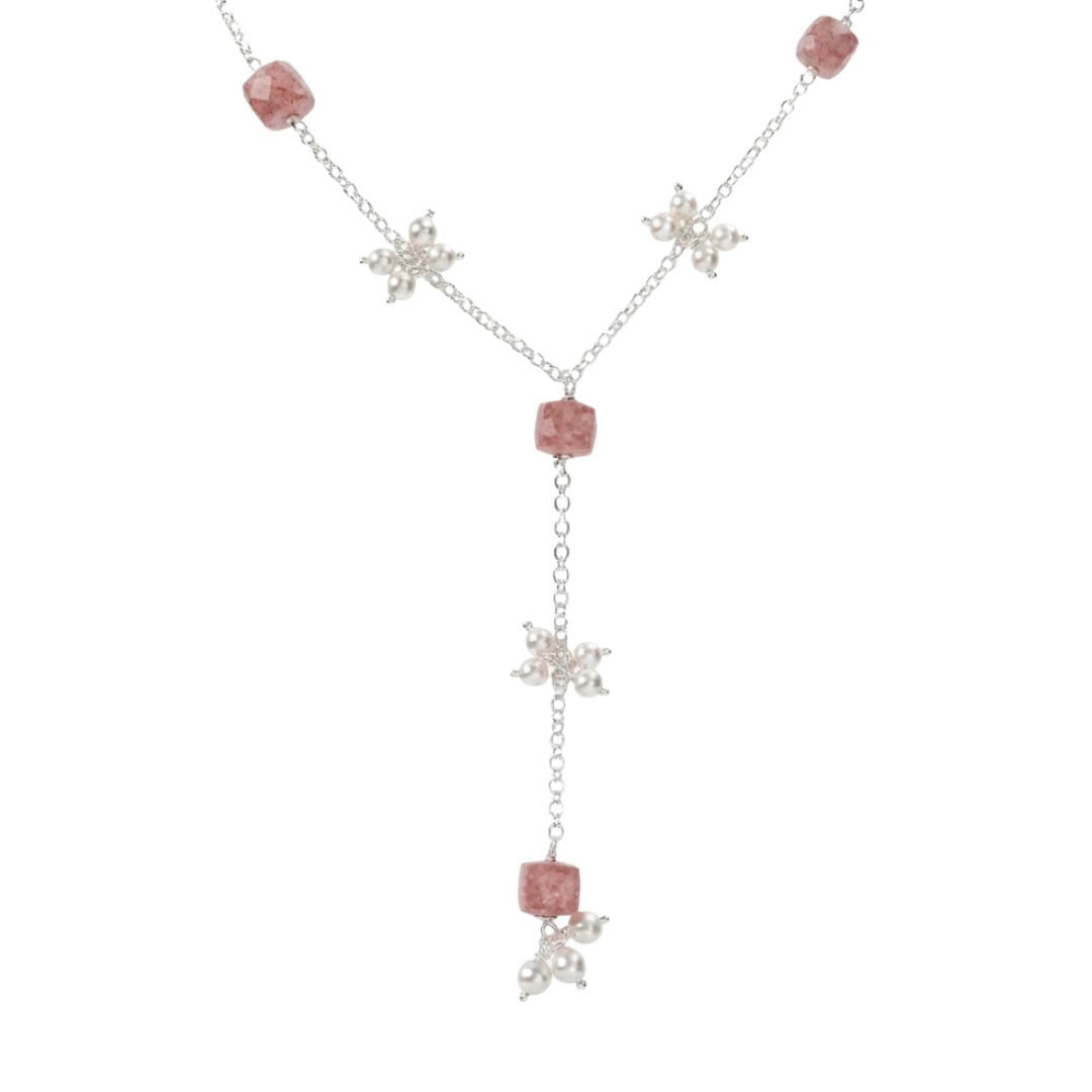 Strawberry Quartz and Pearl Bunch Y Necklace