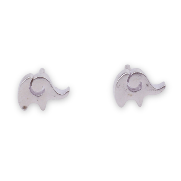 Silver elephant stud earrings on white background